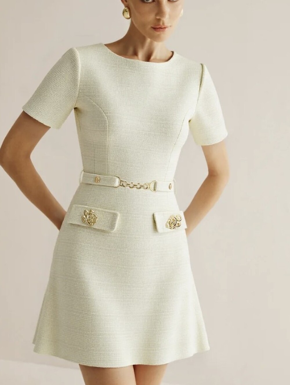 Commense Tweed Dress Mini Structured Crew Gold Metail Detail Faux Pockeys S NWT
